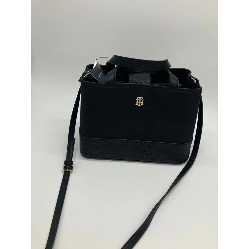 Tommy Hilfiger Women Black Canvas Faux Leather Crossbody Satchel Handbag‎ NWT